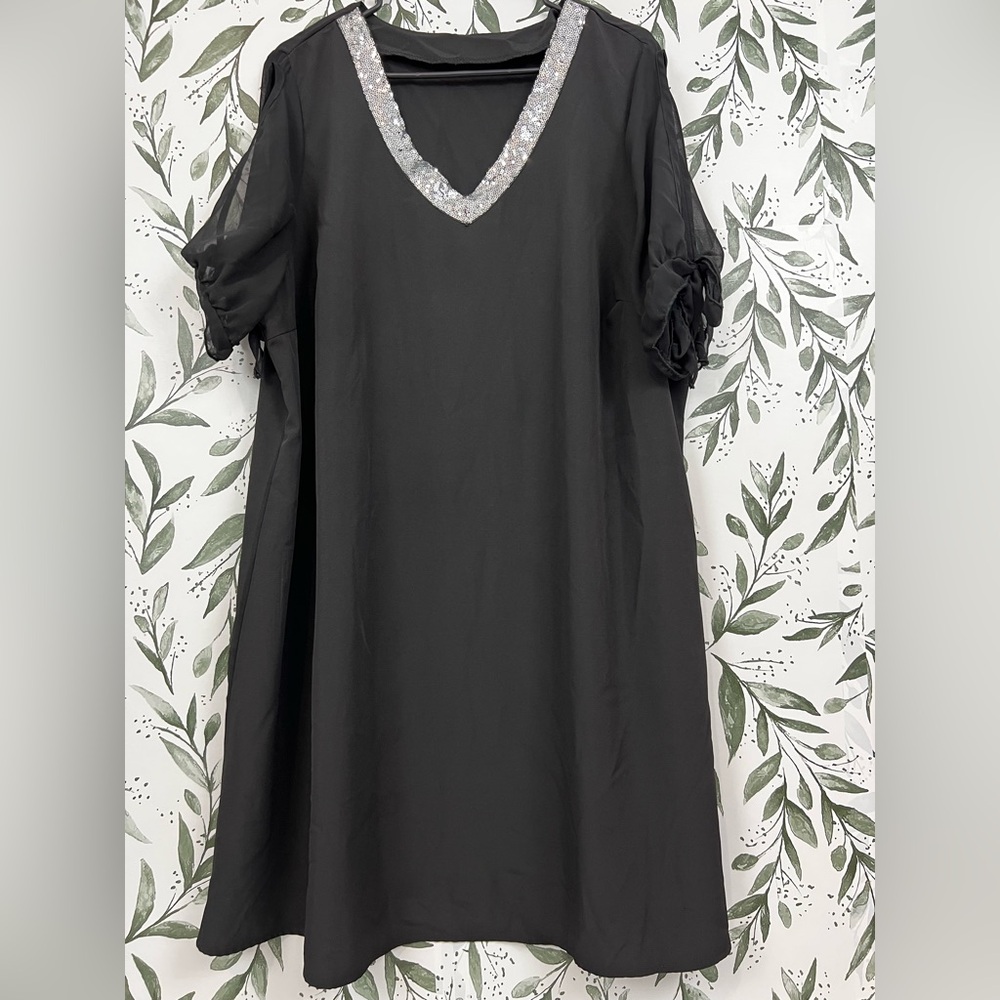 Loose Comfy V Neck Short Sleeve Bow Off Shoulder Midi Sequin Dress Boho Size XXL - Picture 3 of 14